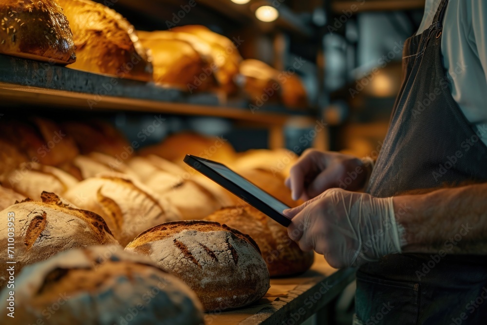 Poster A person is holding a cell phone in front of a shelf filled with various types of bread. This image can be used to illustrate technology and food-related concepts