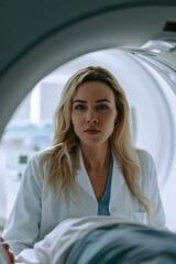 A professional woman in a white lab coat standing next to a bed. This image can be used for medical or healthcare-related projects