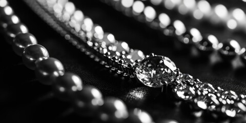 A close-up view of a necklace with a sparkling diamond pendant. This elegant piece of jewelry is perfect for adding a touch of glamour to any outfit - obrazy, fototapety, plakaty