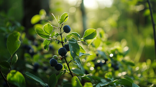 Blueberries ripening on a tree branch. Generative Ai