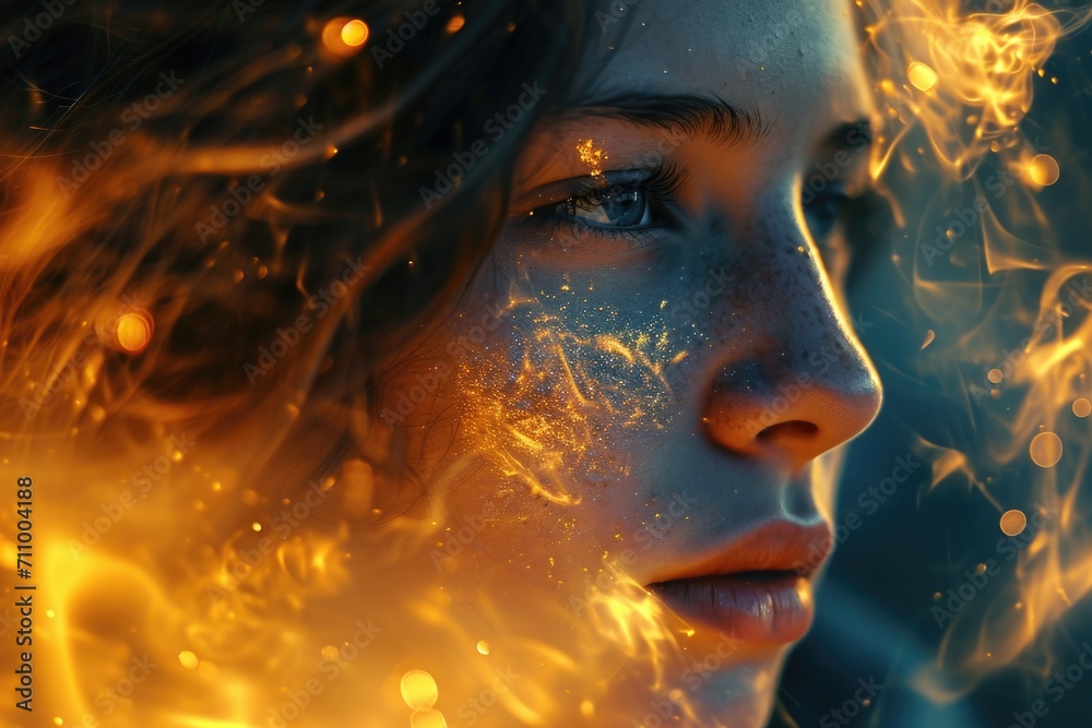 Poster a close-up shot of a woman's face with a fiery background. perfect for adding intensity and drama to