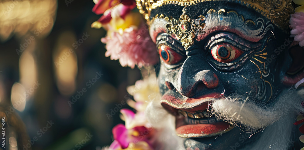 Poster A close-up view of a mask adorned with beautiful flowers. This versatile image can be used for various purposes