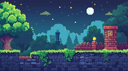Pixel art game background with button level up. Game design concept in retro style. Vector illustration. Game screen pixel - obrazy, fototapety, plakaty