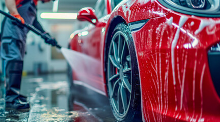 Carwash detailing, polishing and cleaning in automotive service maintenance station - obrazy, fototapety, plakaty
