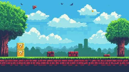 Pixel art game background with button level up. Game design concept in retro style. Vector illustration. Game screen pixel - obrazy, fototapety, plakaty
