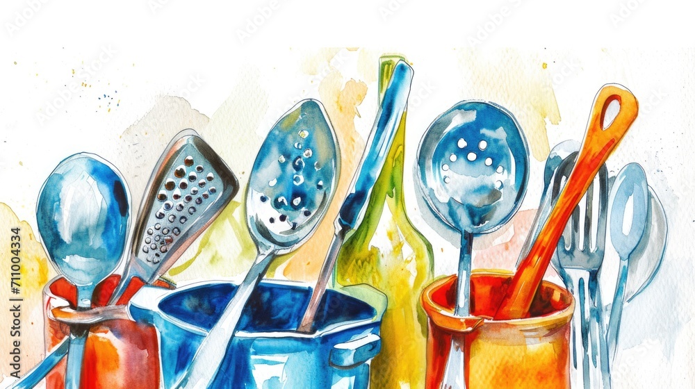 Aufkleber a painting of spoons and utensils on a table. can be used for kitchen-related themes