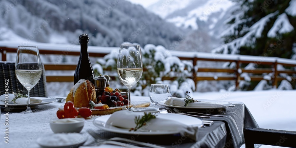 Poster a table adorned with plates of delicious food and glasses of wine. perfect for showcasing a delightf