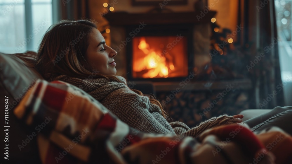 Poster a woman is sitting on a couch in front of a fireplace. this cozy scene can be used to depict relaxat