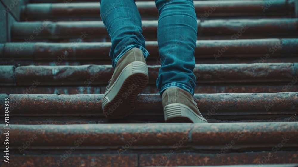 Poster A person is shown walking up a set of stairs. This image can be used to depict progress, achievement, or the concept of moving forward
