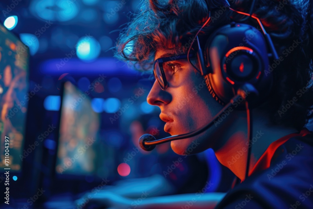 Poster a man sitting in front of a computer wearing headphones and a headset. suitable for technology, comm