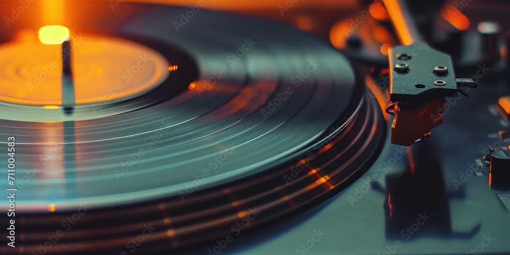 Poster a detailed view of a record spinning on a turntable. perfect for music enthusiasts and vintage lover
