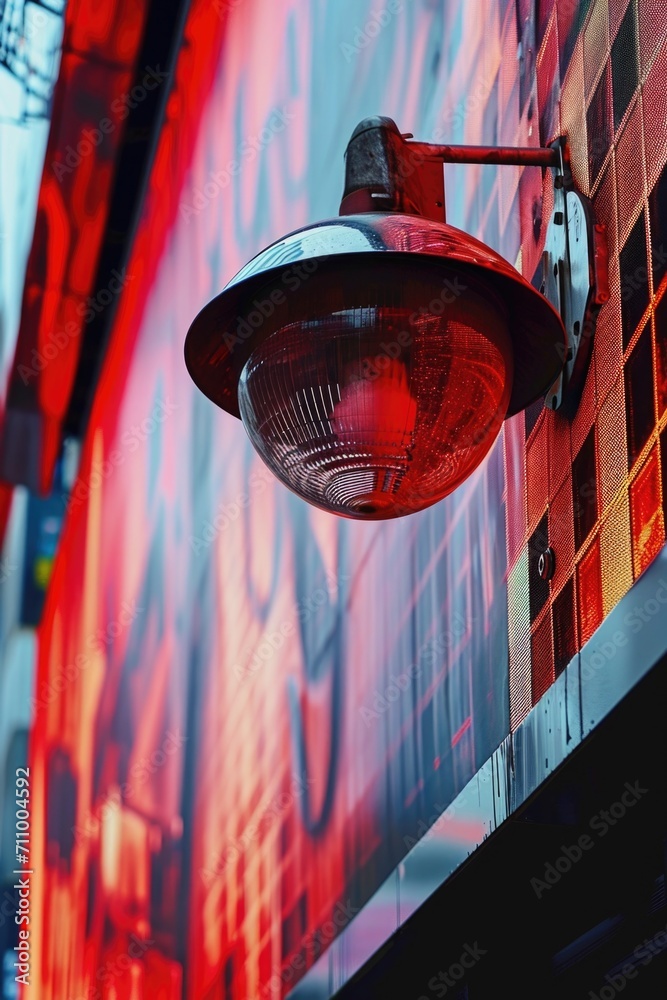 Poster a red light is seen on the side of a building. this image can be used to depict urban nightlife or a