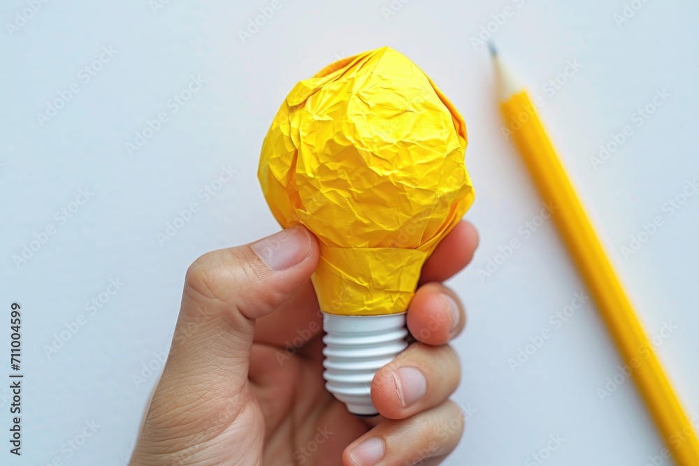 Poster a person is holding a light bulb while a pencil is seen in the background. this image can be used to