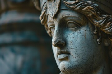A detailed view of the face of a statue of a woman. Perfect for art projects or historical references