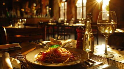A plate of pasta and a glass of wine placed on a table. Perfect for food and drink concepts