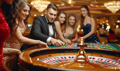 People playing roulette at casino table, gambling money and placing bets
