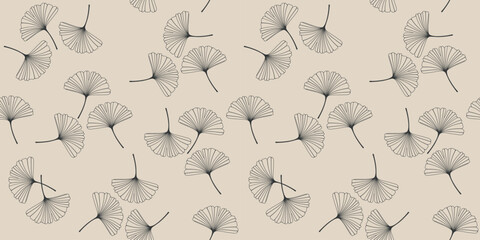 Seamless pattern with skeletonized gingko biloba leaves, veined, in black and beige. Vector illustration EPS10