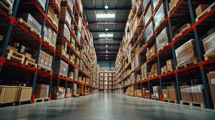 A large warehouse filled with lots of boxes. Perfect for illustrating logistics, storage, or inventory management. - obrazy, fototapety, plakaty