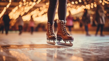 ice skating at night in the city - obrazy, fototapety, plakaty
