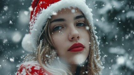 A woman wearing a Santa hat standing in the snow. Perfect for Christmas-themed designs and holiday promotions