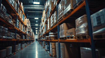 A large warehouse filled with numerous boxes. Perfect for illustrating storage, logistics, or inventory management concepts - obrazy, fototapety, plakaty