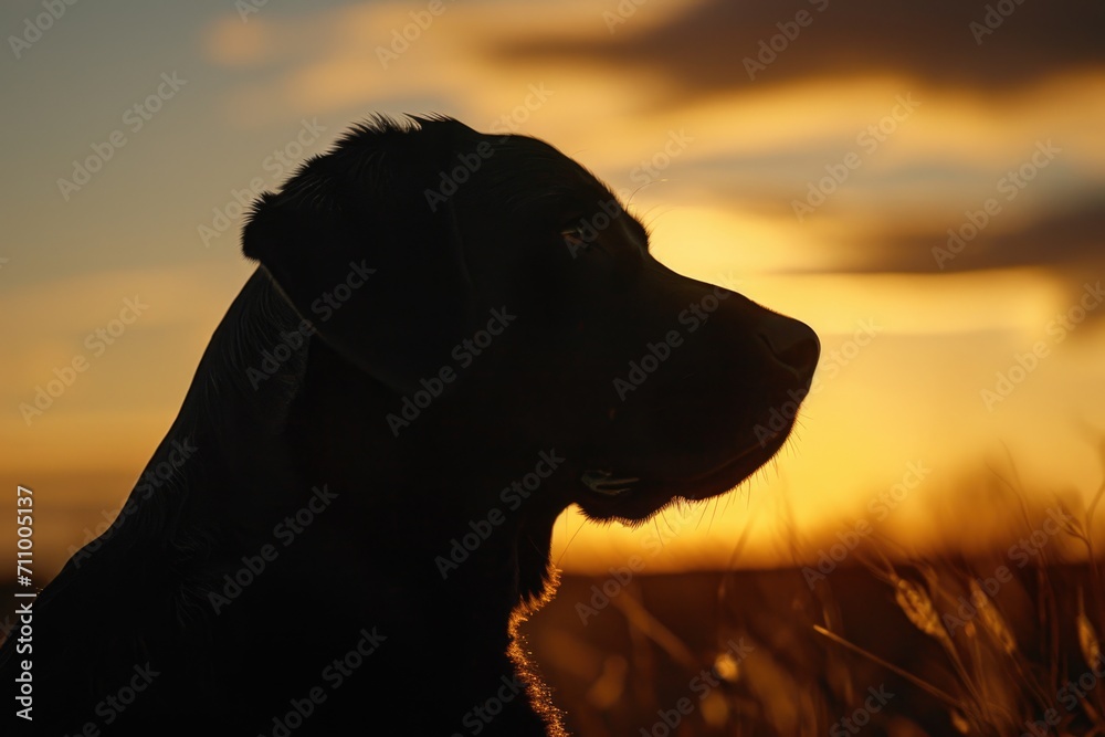 Poster a beautiful dog sits peacefully in a field at sunset. this image can be used to convey tranquility a