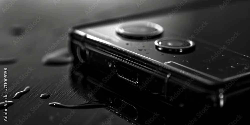 Aufkleber Camera placed on a table. Suitable for photography and technology-related projects