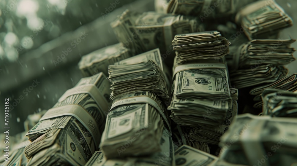 Poster a pile of money sitting on top of a table. suitable for financial concepts and business themes
