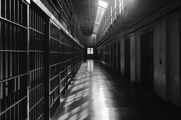 A black and white photo of a jail cell. Suitable for depicting incarceration, law enforcement, criminal justice, or prison themes