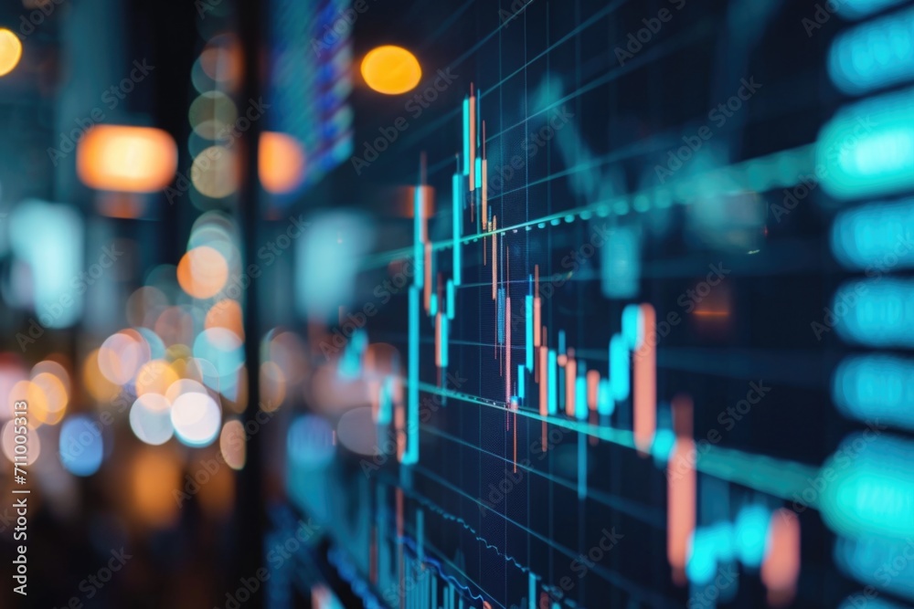 Poster A close up view of a stock chart displayed on a wall. This image can be used to illustrate financial analysis, market trends, or investment strategies