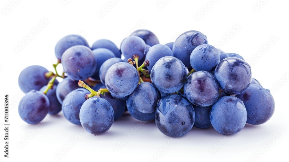 Poster blue grapes arranged in a bunch on a clean white surface. suitable for food and beverage-related pro