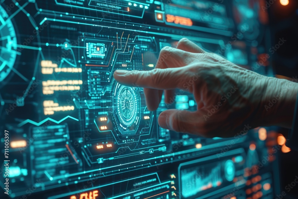 Poster a person's hand touching a futuristic interface. perfect for technology concepts and futuristic desi