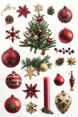 A collection of various Christmas decorations beautifully arranged on a white surface. Perfect for adding a festive touch to your holiday designs or creating a cozy atmosphere.