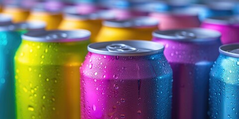 A close-up view of a group of soda cans. Perfect for advertising, food and beverage industry, or party themes - obrazy, fototapety, plakaty