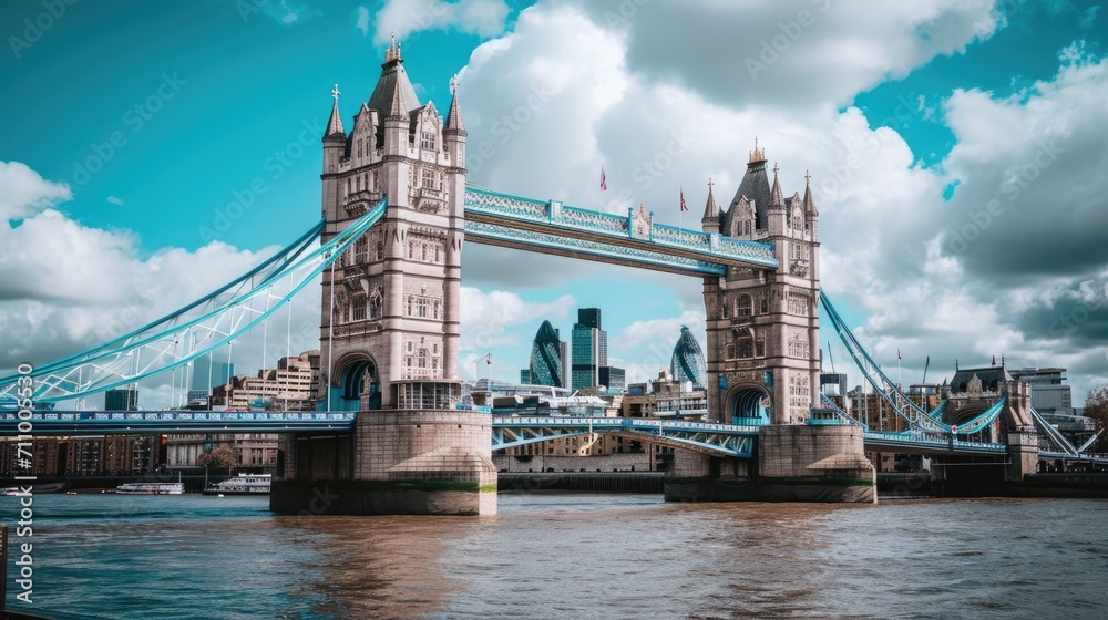 Poster a bridge spanning over a river with a city in the background. suitable for urban landscape and trave