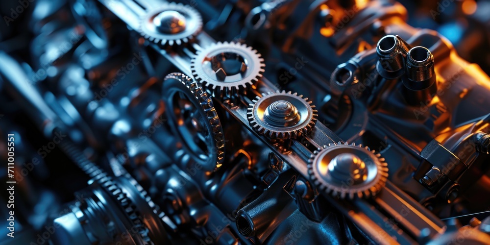 Poster a detailed close-up of machine gears. this image can be used to depict precision engineering, indust