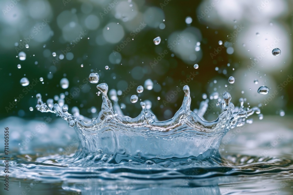 Poster a close-up view of a water crown formed on the surface of a body of water. this captivating image ca