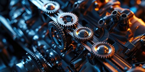 A detailed close-up of machine gears. This image can be used to depict precision engineering, industrial machinery, or mechanical processes. - obrazy, fototapety, plakaty