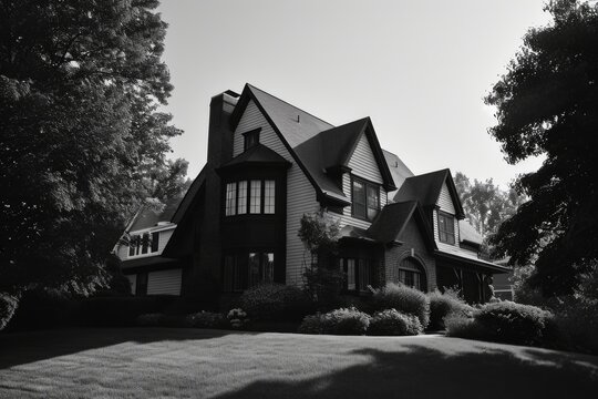 A black and white photo of a house. Perfect for adding a vintage touch to any project
