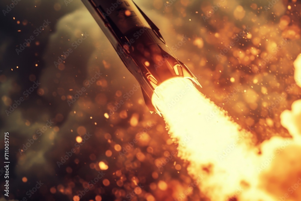 Poster a close-up view of a rocket with smoke billowing out. perfect for illustrating space exploration or 