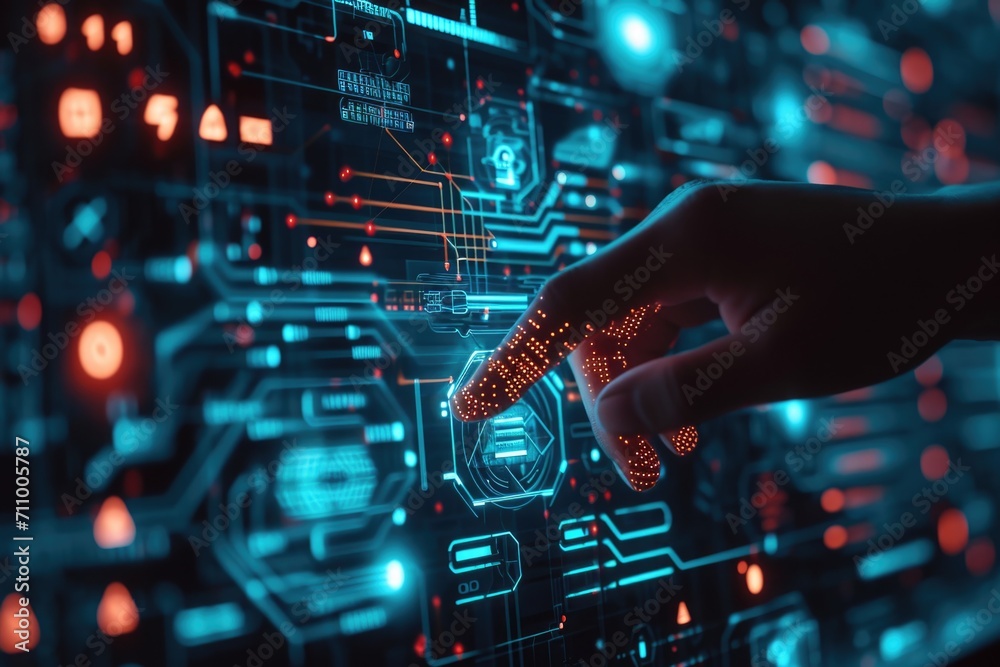 Poster A person is touching a finger on a circuit board. This image can be used to illustrate technology, electronics, or computer concepts
