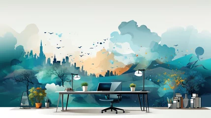 Papier Peint photo Montagnes Modern home office with beautiful blue green watercolor painting of cityscape and mountains