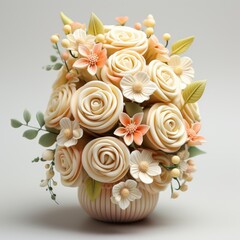 Illustration of a white wedding bouquet. Light layout. The décor is made of clay and plasticine.