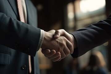 Successful businessmen shake hands as confirmation of their decisions after a meeting on a dark background - obrazy, fototapety, plakaty