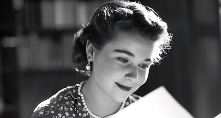 1950s woman reading a letter, happiness 