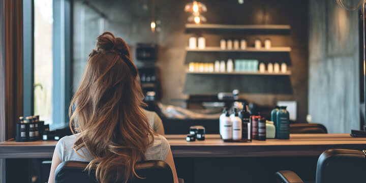 View from behind of woman at hair salon