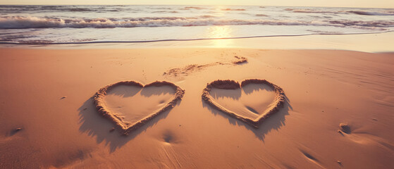 2 hearts drawn in the sand of a beautiful beach - obrazy, fototapety, plakaty