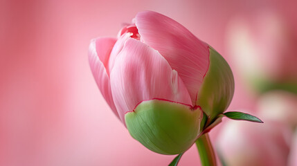 Close up macro view of pink peony flower bud, floral background wallpaper Valentine concept