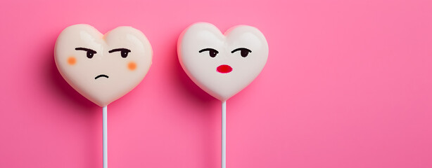 Fototapeta premium Two heart-shaped lollipops with sad faces, symbolizing heartbreak on Valentine's Day.