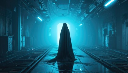 Futuristic dark corridor with glowing neon lights and a woman in a veil
